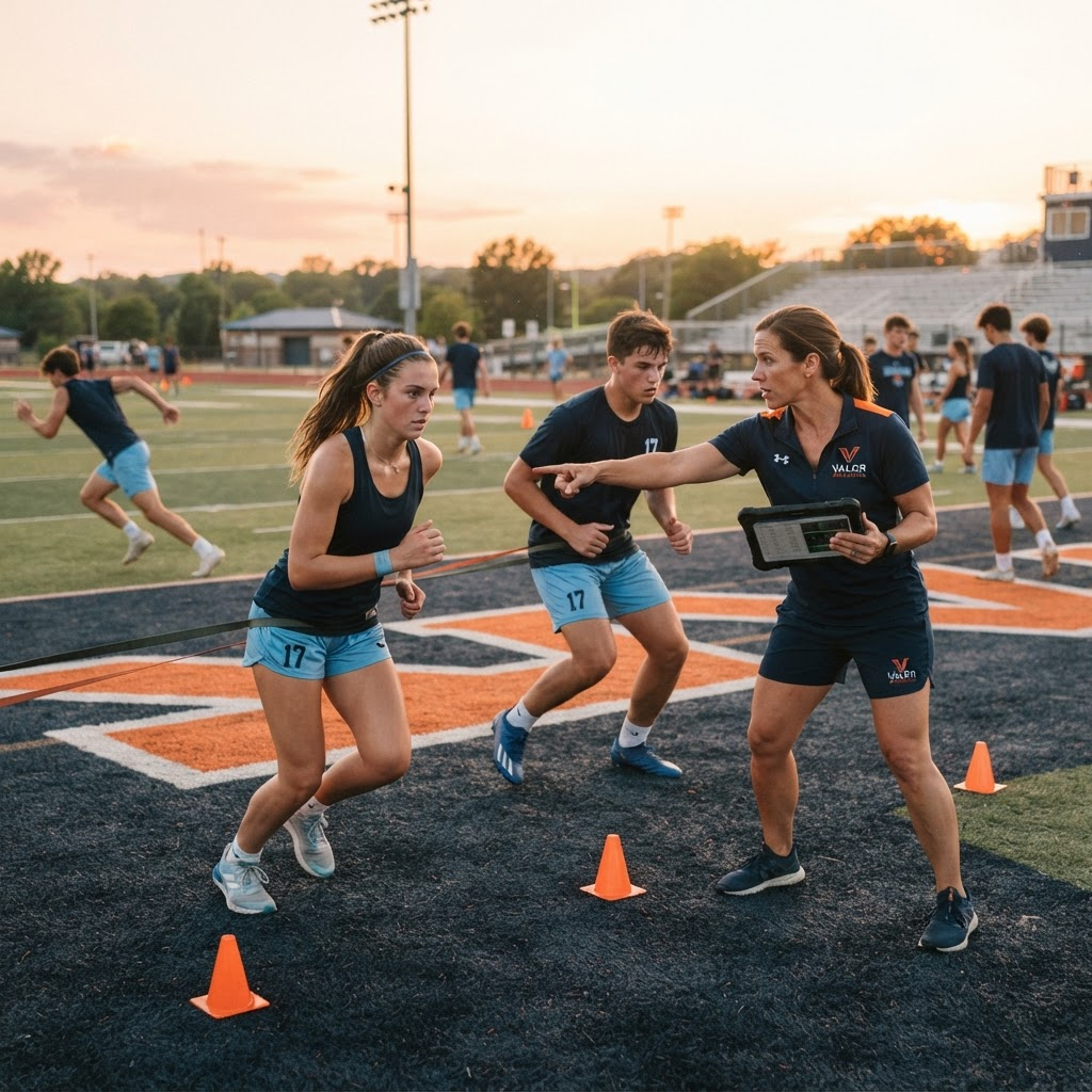 A coach with a tablet guiding high school and club athletes through a training drill at golden hour
