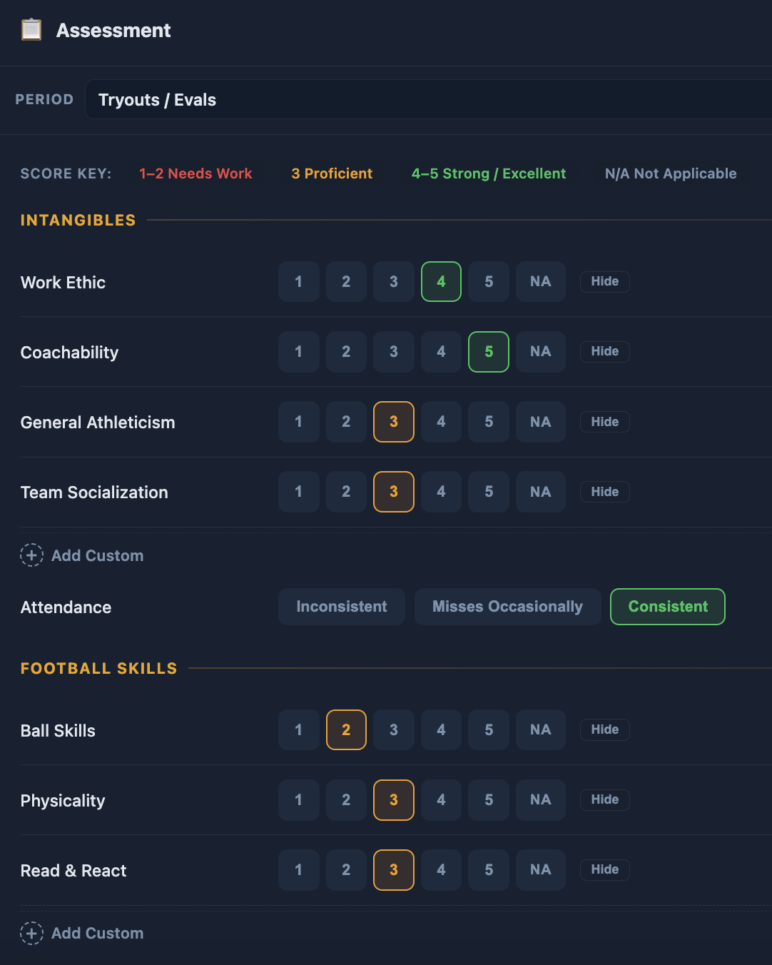 CoachAlign assessment screen rating intangibles and football skills on a 1 to 5 scale