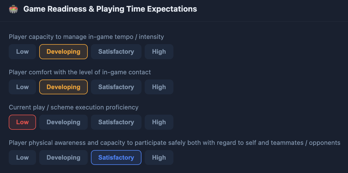 CoachAlign game readiness screen rating in-game tempo, contact, and scheme execution