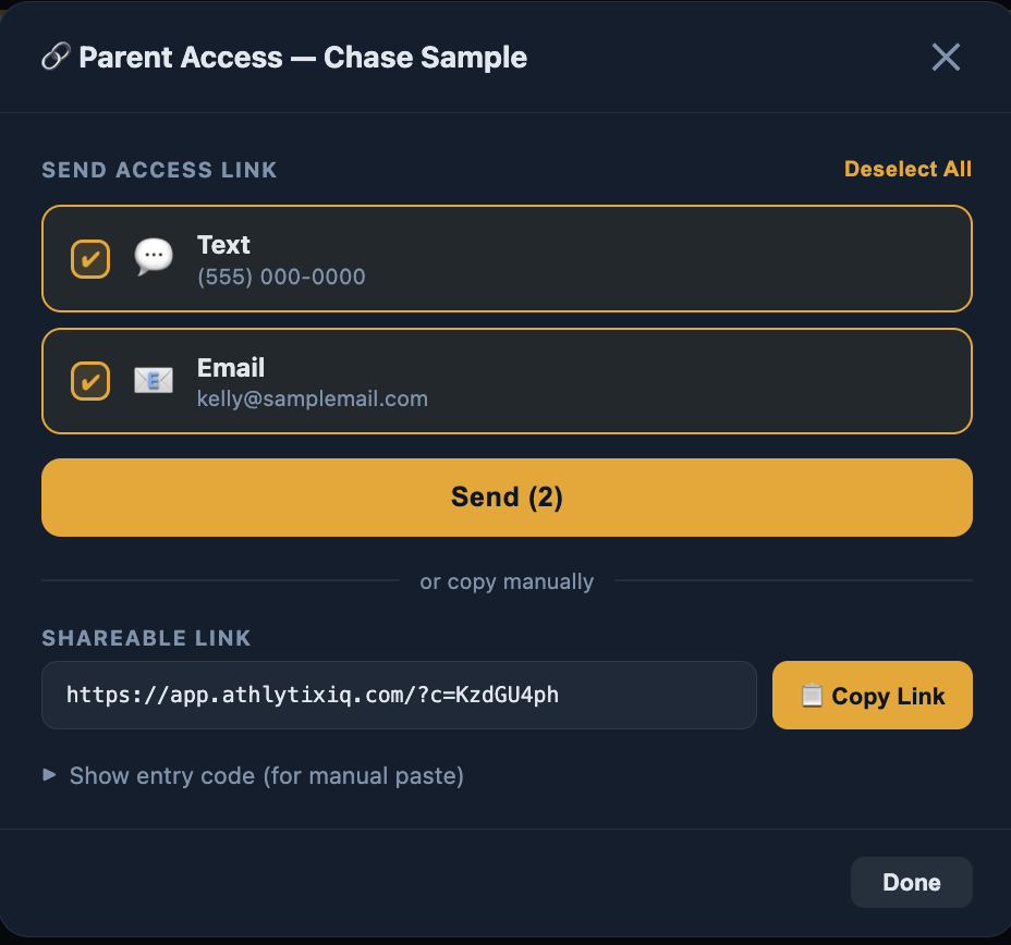 CoachAlign parent access modal to send a secure report link by text or email