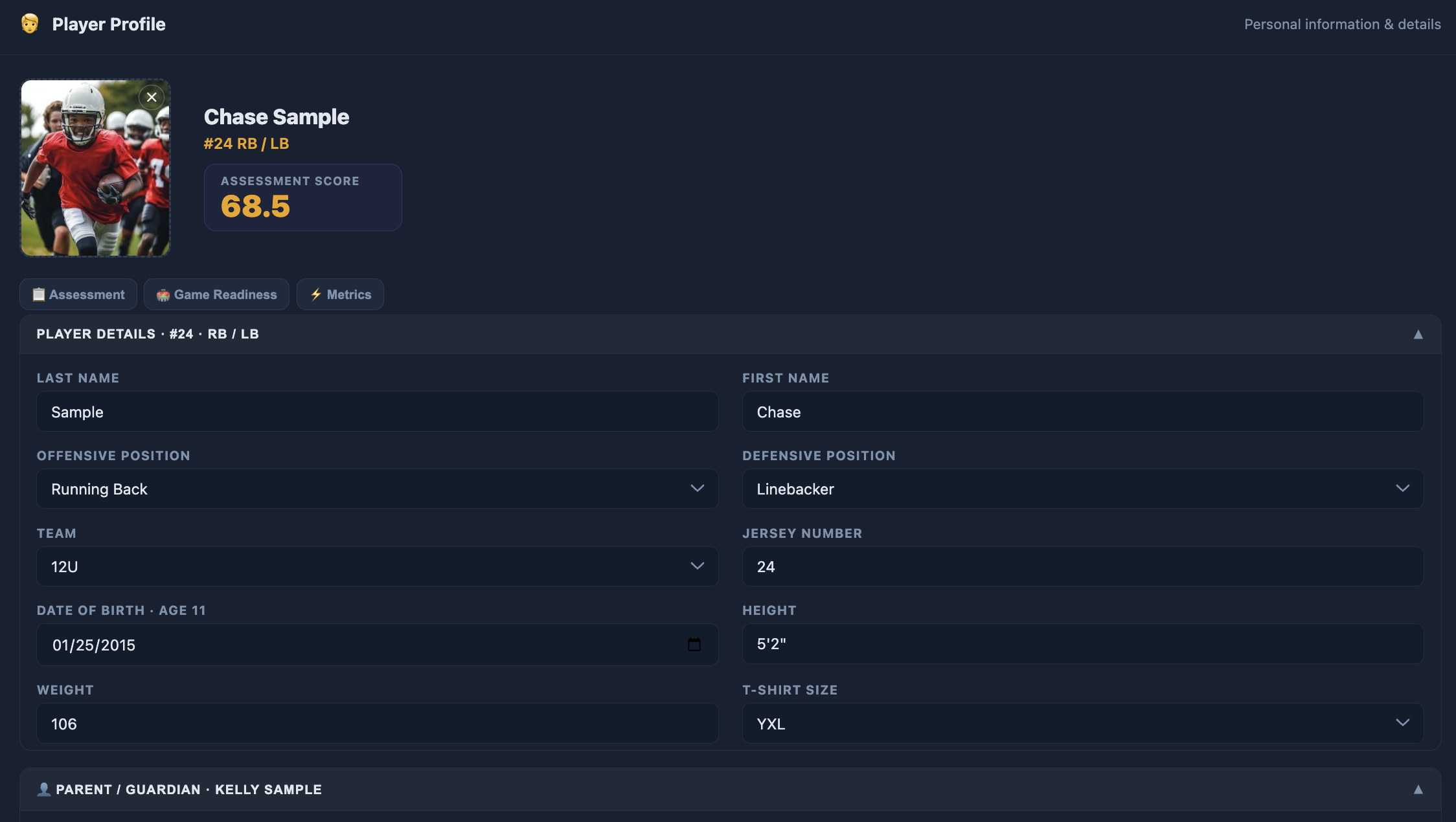 CoachAlign player profile for Chase Sample showing positions, details, and an assessment score of 68.5